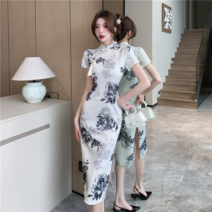 【dress】絶対流行エレガントスリットプリントワンピース　M16799