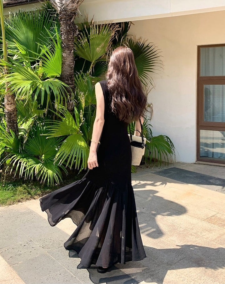 【dress】チュールドッキングロングワンピース　K0554
