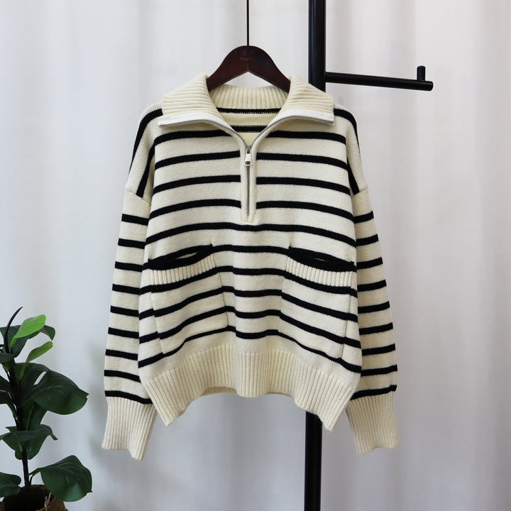 【tops】クルーネックボーダー柄ニットセーター　M17997
