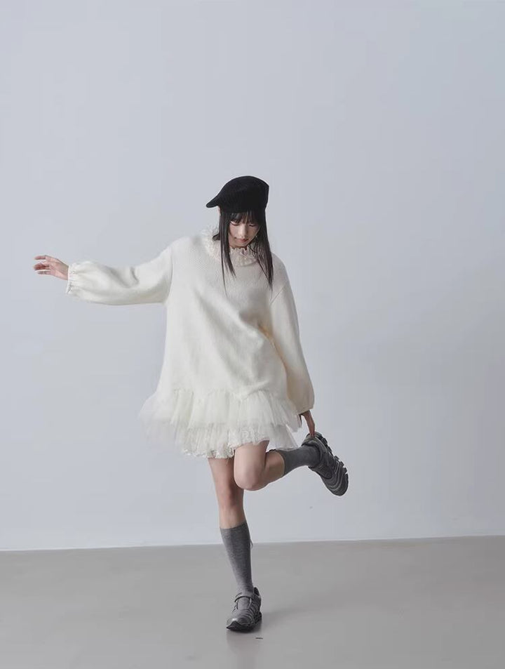 【dress】チュールドッキングフリルネックニットワンピース Q7965