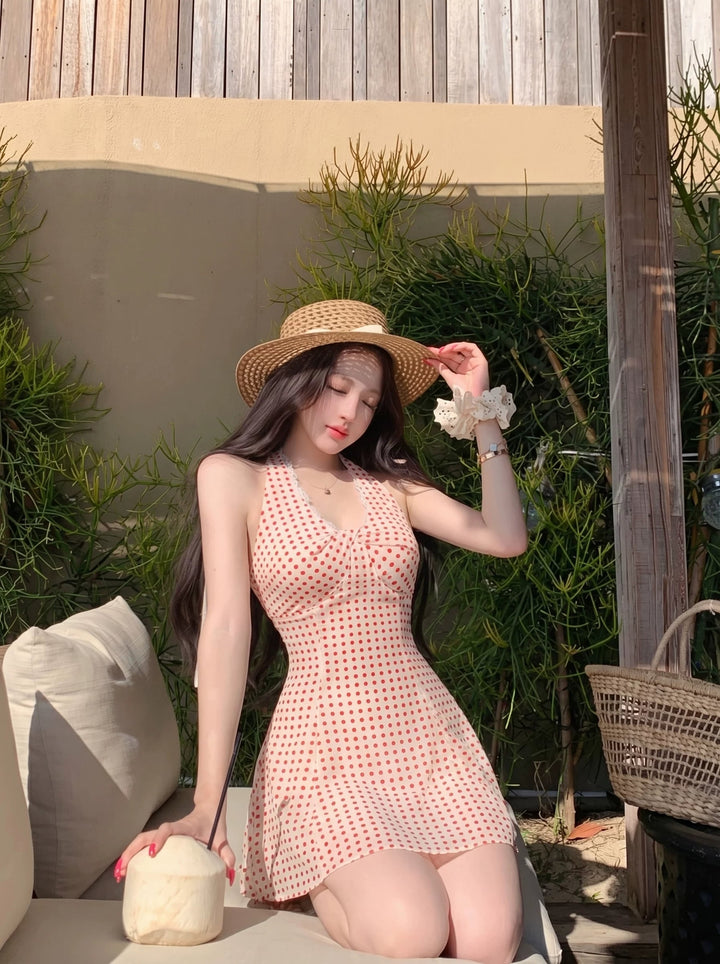 【dress】ドット柄ホルターネックミニワンピース Q8497
