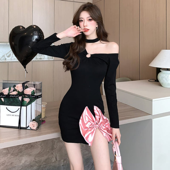 【dress】細身効果抜群♪リボン付きデートワンピース　M17538
