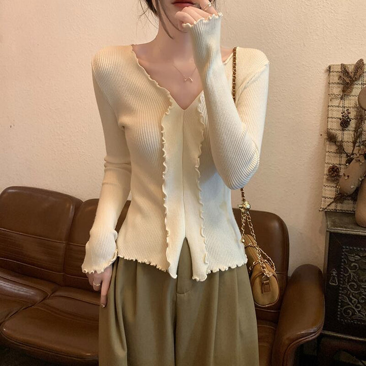 【tops】Vネックフリルニットトップス　M18839