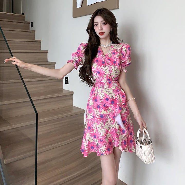 【dress】美人度アップ不規則 イレギュラー花柄ワンピース　M16782