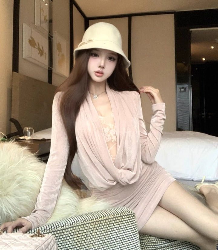 【dress】レースドッキングドレープドネックタイトワンピース Q7546
