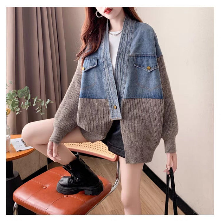 【outer】デニム切り替えニットカーデ　M25746