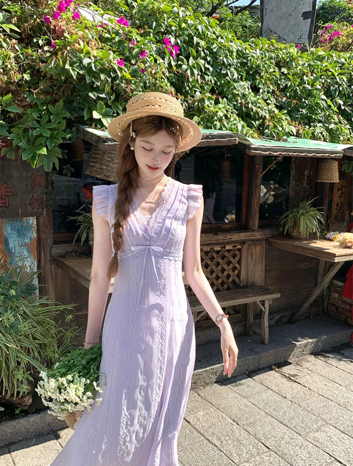 【dress】レースドッキングフラッタースリーブロングワンピース Q8531