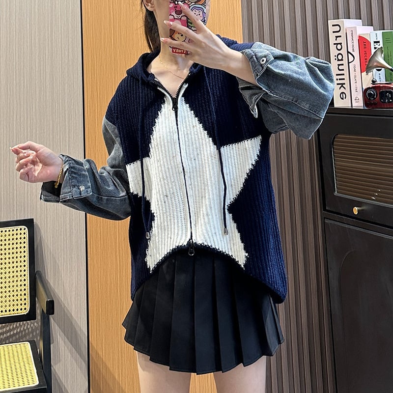 【outer】デニム切り替えニットカーデ　M18150