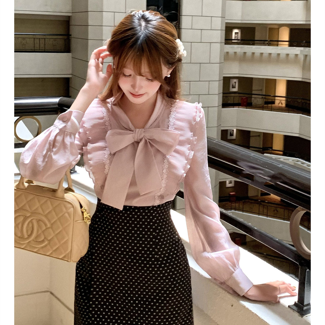 【set】リボンフリルトップス×レースドッキングドット柄スカートセット     N3390