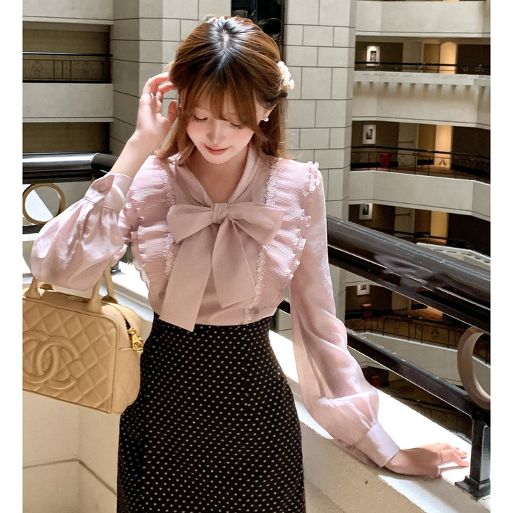 【set】リボンフリルトップス×レースドッキングドット柄スカートセット     N3390
