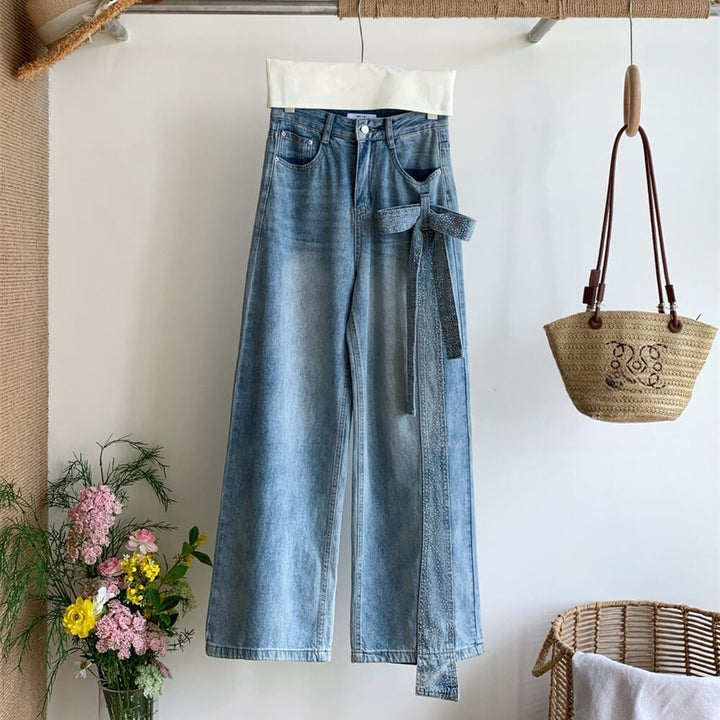 【bottoms】スパンコール付きリボンデニムパンツ　N3545