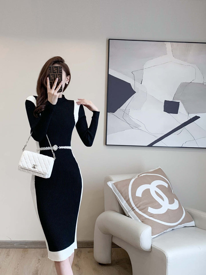 【dress】配色切り替えニットワンピースベルト付き　M17676