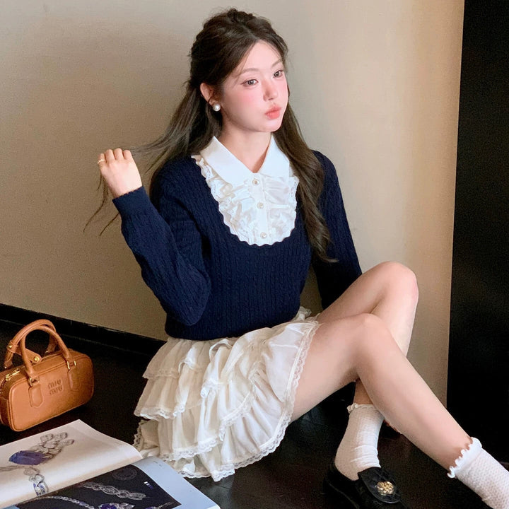 【tops】レースフリルドッキングニットトップス　N3362