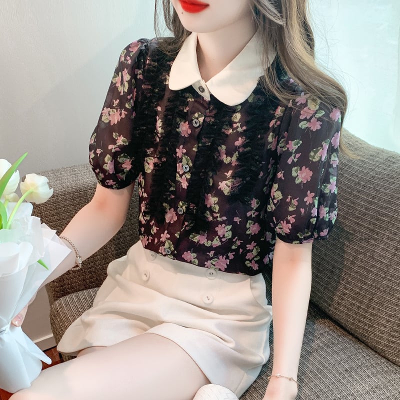 【tops】美人度アップスウィート折り襟花柄シャツトップス　M16883