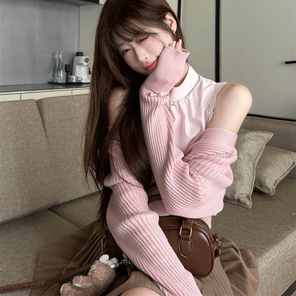 【tops】オフショルダー切り替えニットトップス　M27223