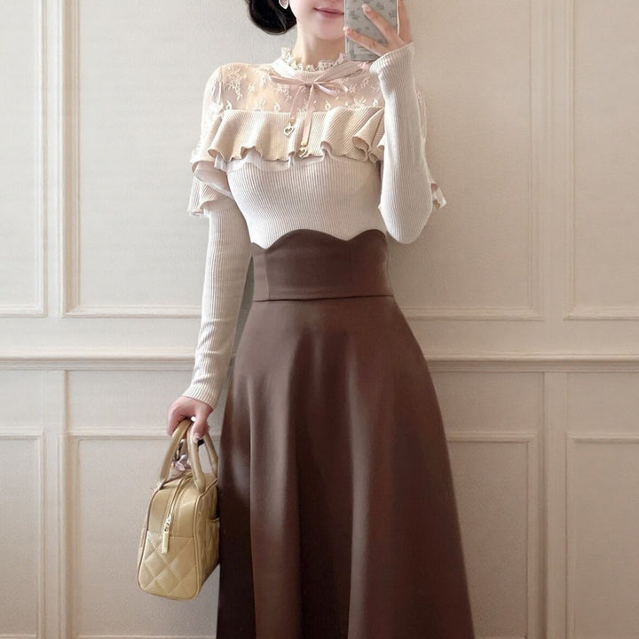 【set】レースフリルニットトップス×ロングスカートセット    N3477
