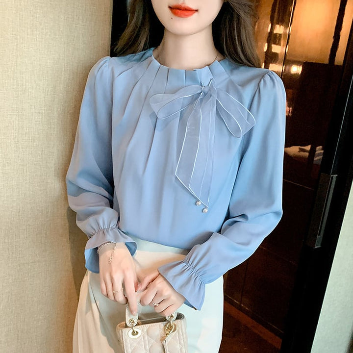 【tops】今季マストバイエレガントリボン付きシャツトップス　M16787