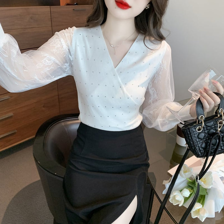 【tops】大人らしい Vネックエレガント切り替えトップス　M17248