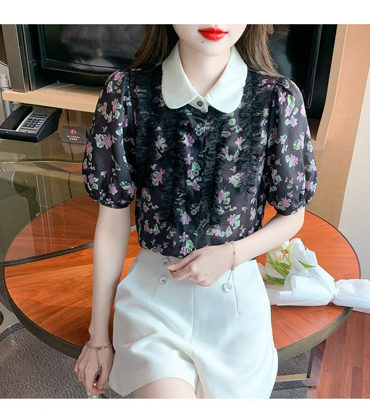 【tops】美人度アップスウィート折り襟花柄シャツトップス　M16883