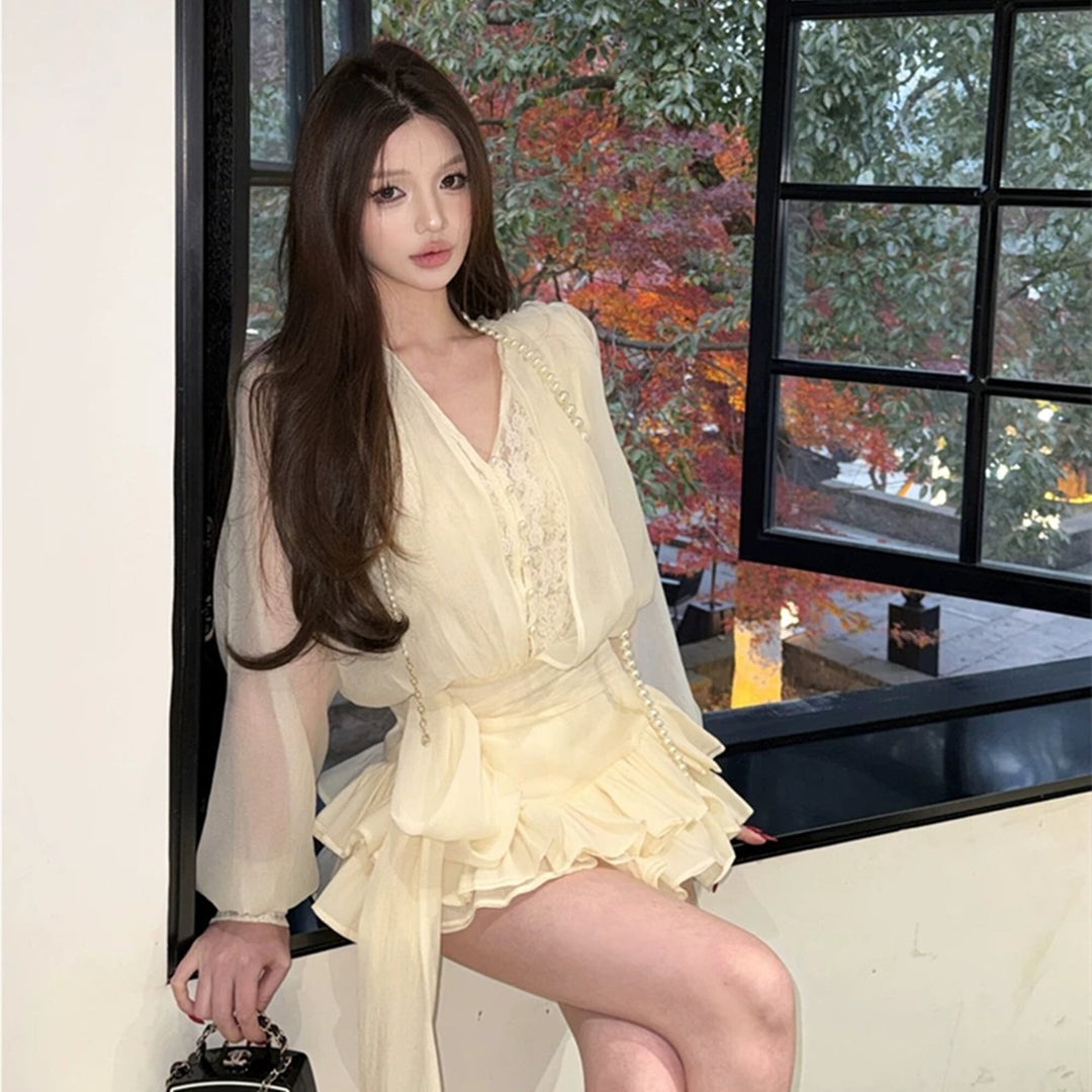 【dress】レースドッキングミニワンピース×ショートパンツセット　N3538