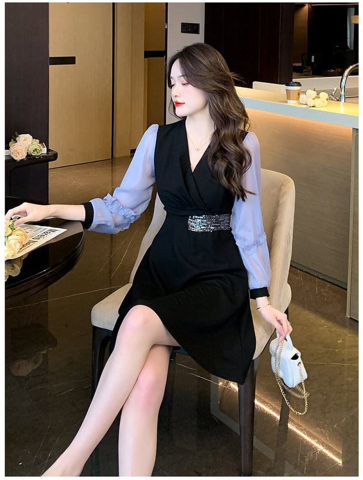 【dress】目立つ！パフスリーブエレガントデートワンピース　M17482