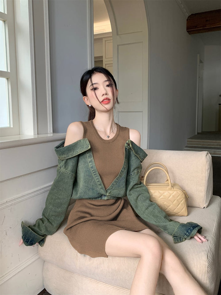 【dress】デニムドッキングニットワンピース　M17979