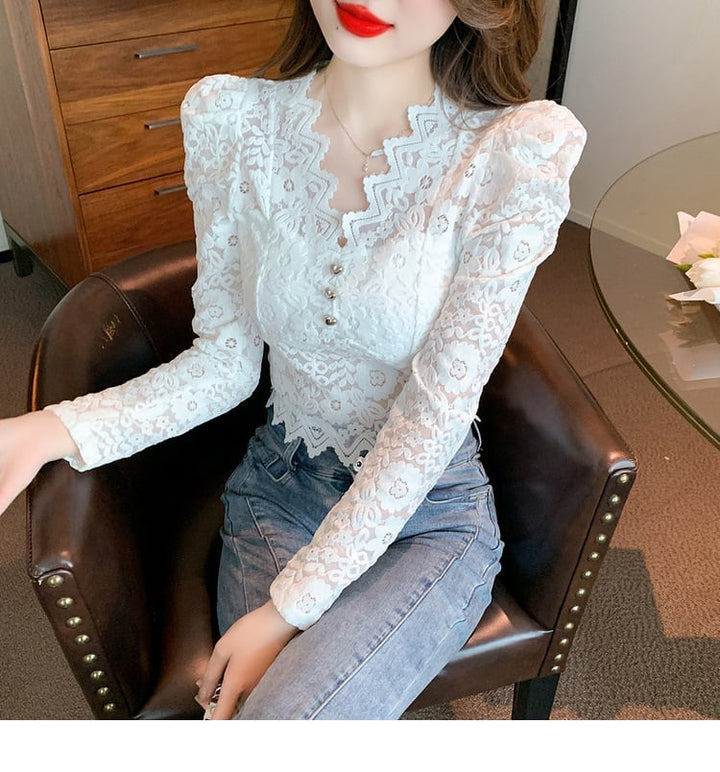 【tops】レースパフスリーブトップス　M18847