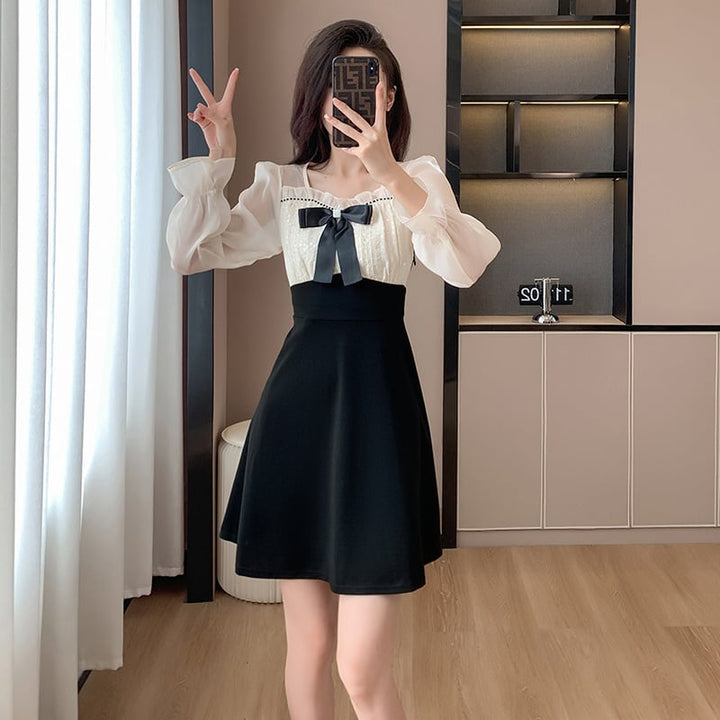 【dress】リボン付き切り替えデートワンピースオシャレ　M17575