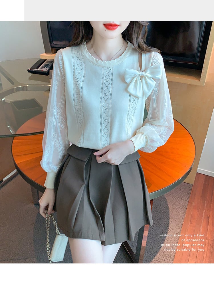 【tops】優しい雰囲気リボン付きレース切り替えトップス　M17185