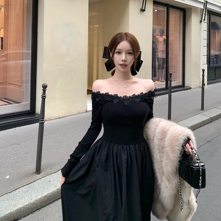 【dress】レースドッキングオフショルダーロングワンピース Q7644