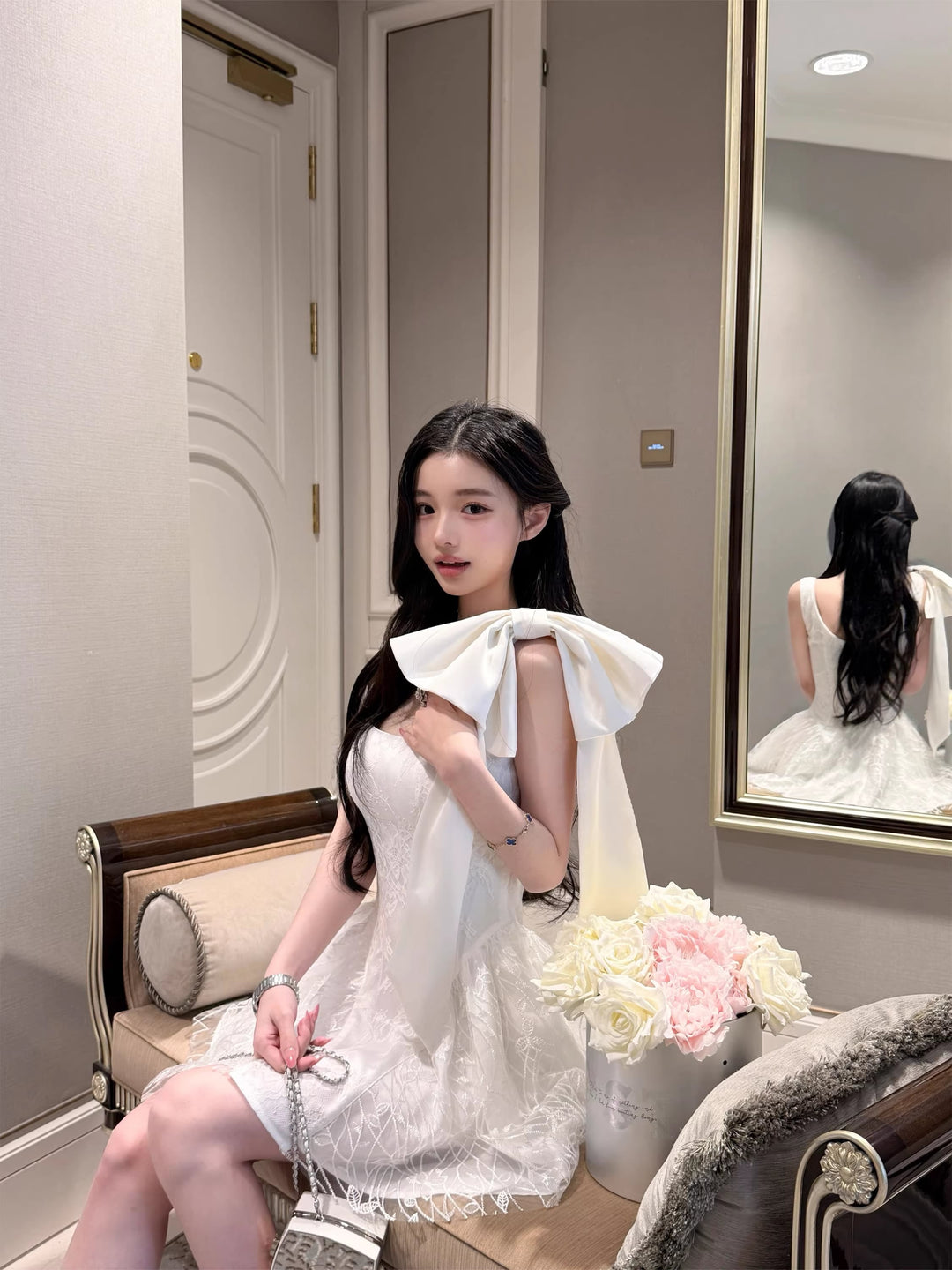 【dress】リボン付きレースキャミワンピース Q8385