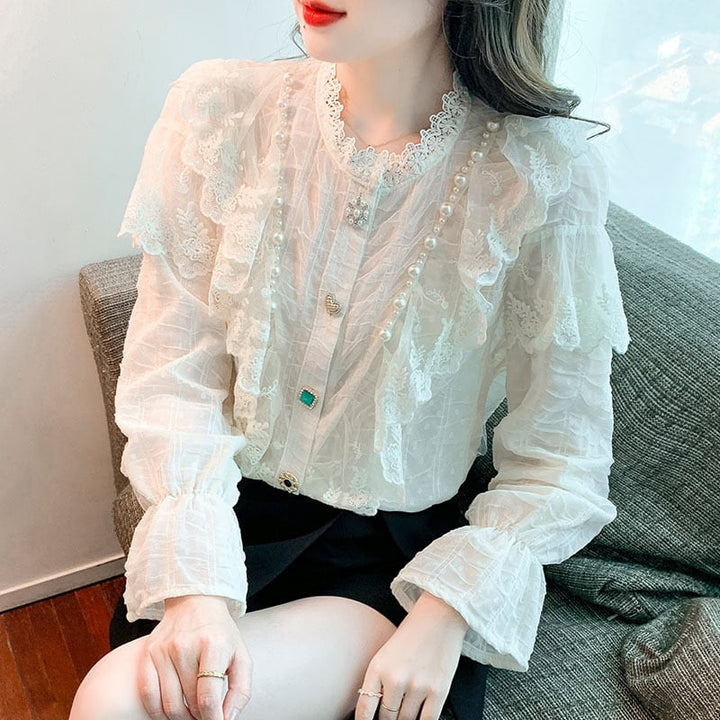 【tops】エレガントレース切り替えシャツトップス　M17378