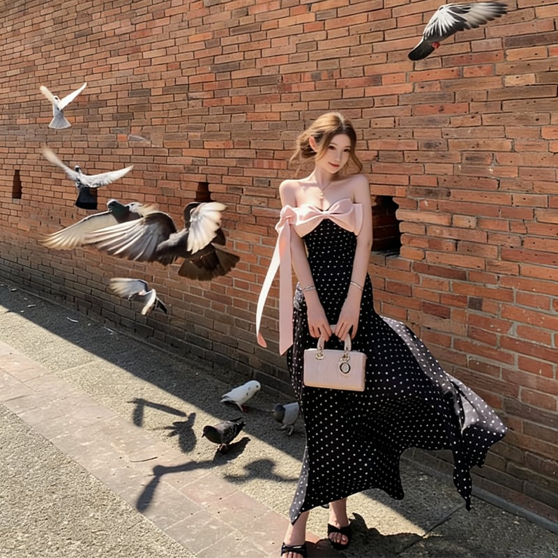 【dress】ドット柄リボン付きロングワンピース Q8374