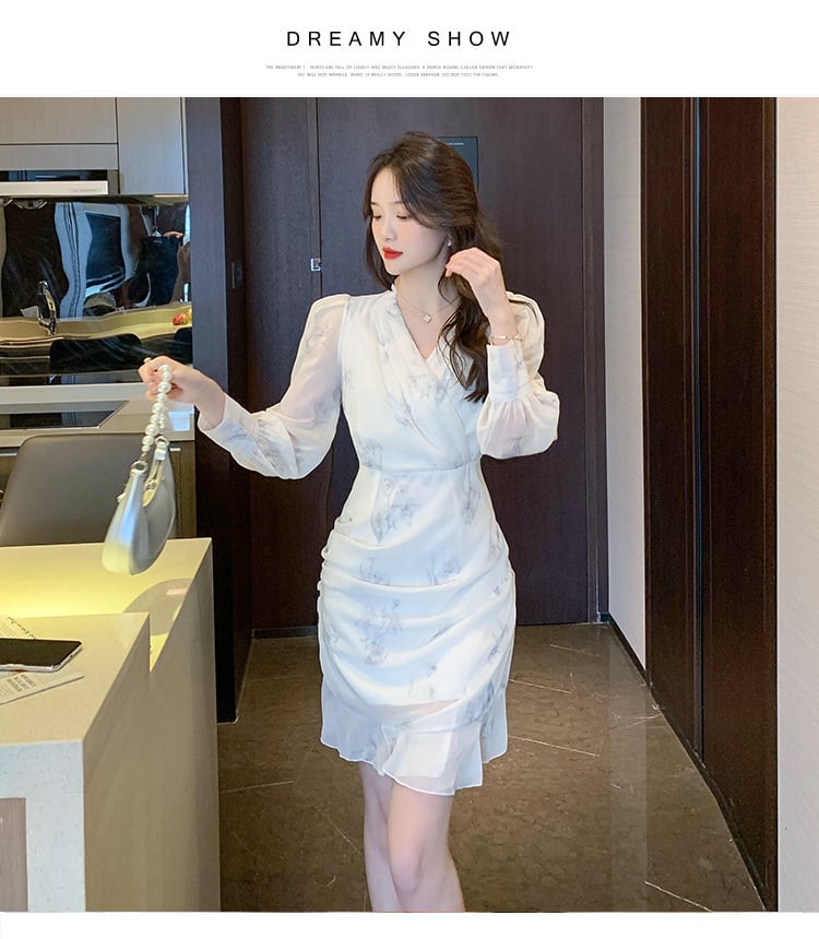 【dress】大人らしい Vネックマーメイド花柄ワンピース　M17259