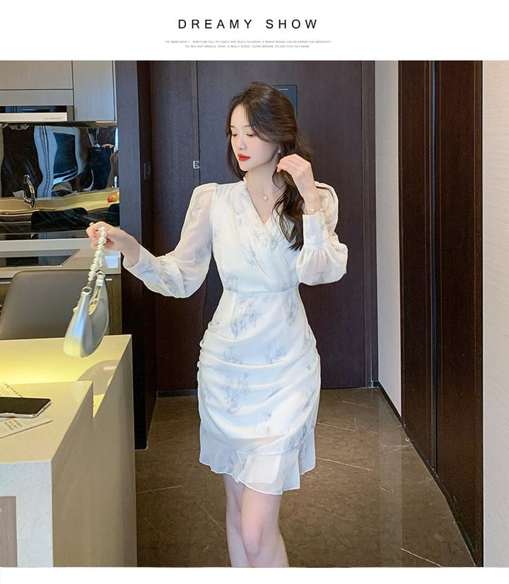 【dress】大人らしい Vネックマーメイド花柄ワンピース　M17259