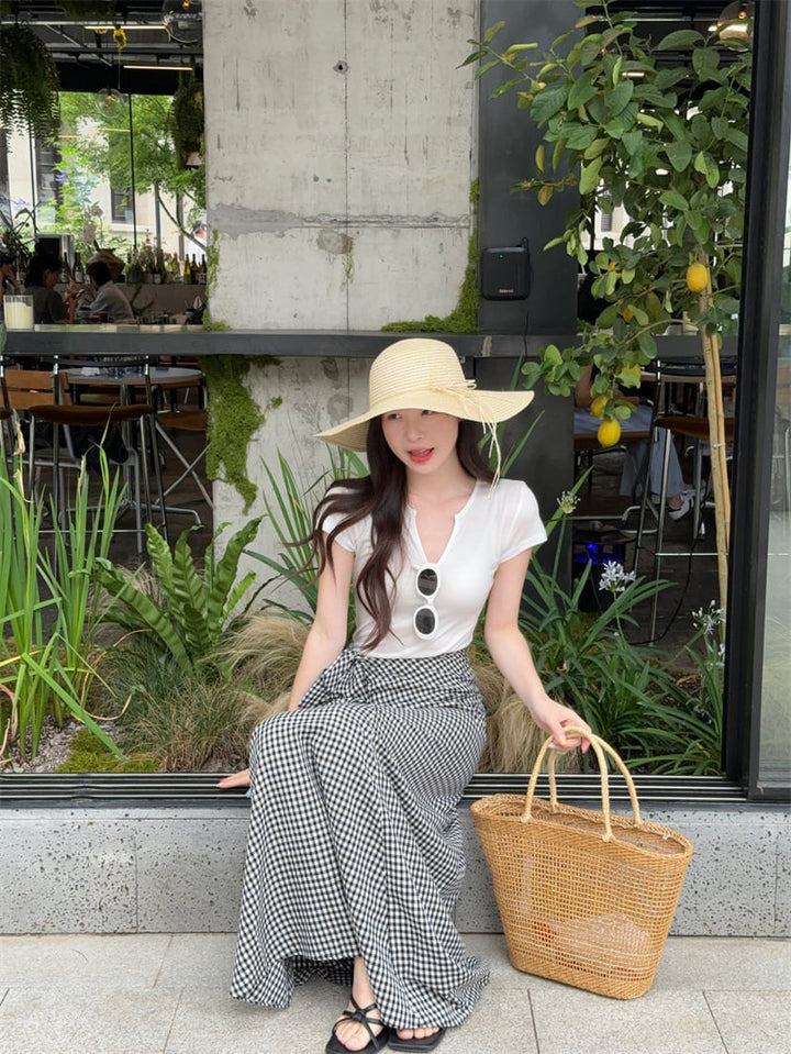 【set】VネックTシャツ×チェック柄スカートセット　M24274