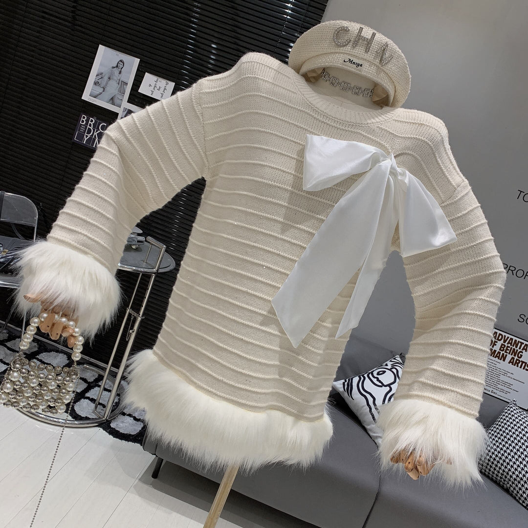 【tops】袖ファーリボン付きニットプルオーバー　N2940