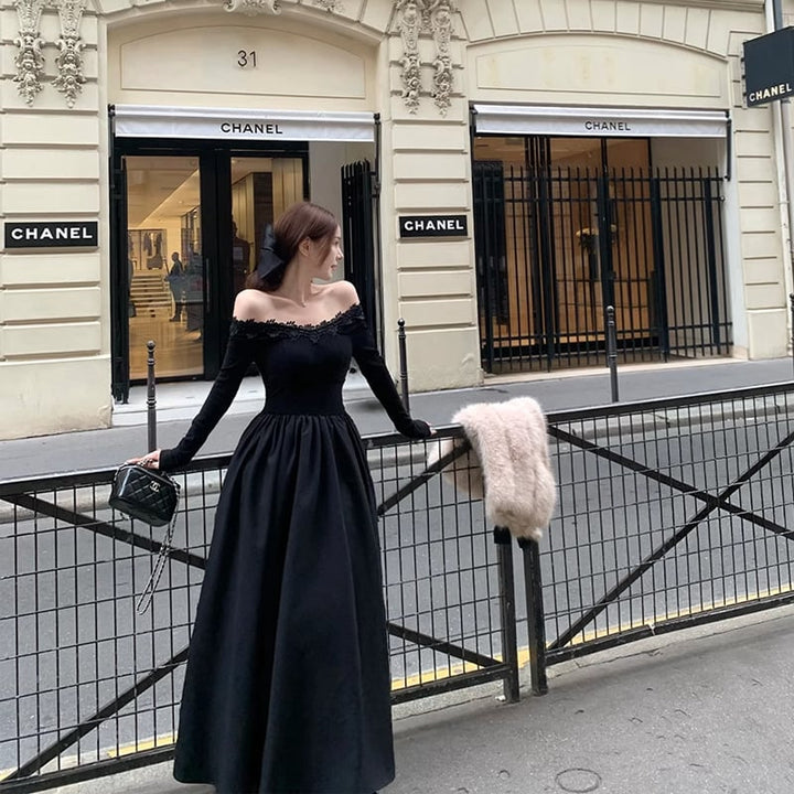 【dress】レースドッキングオフショルダーロングワンピース Q7644