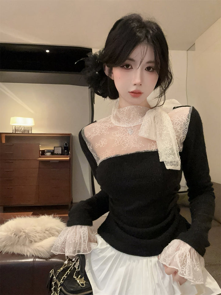 【tops】レースドッキングニットトップス　N2909
