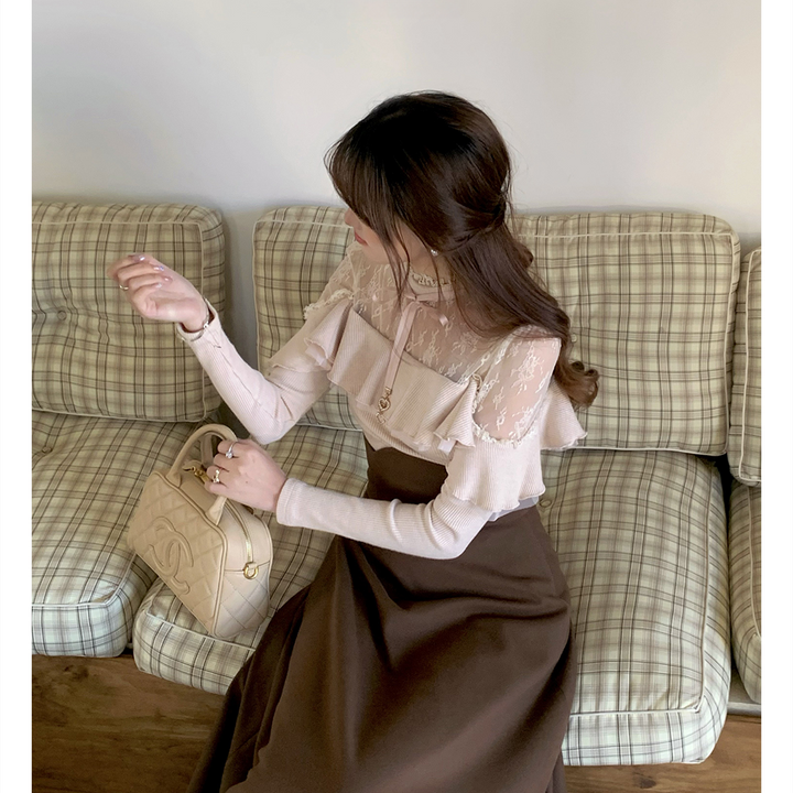 【set】レースフリルニットトップス×ロングスカートセット    N3477