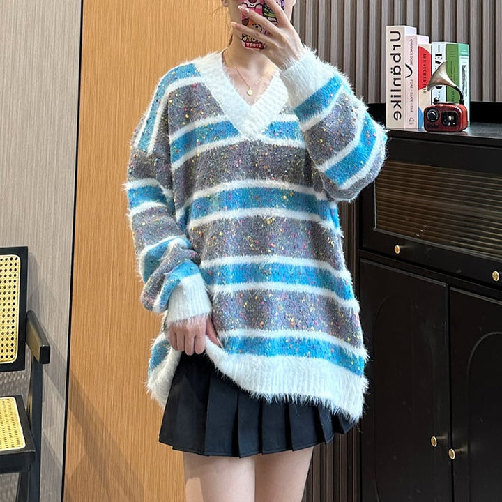 【tops】ボーダー柄Vネックニットセーター　M18049