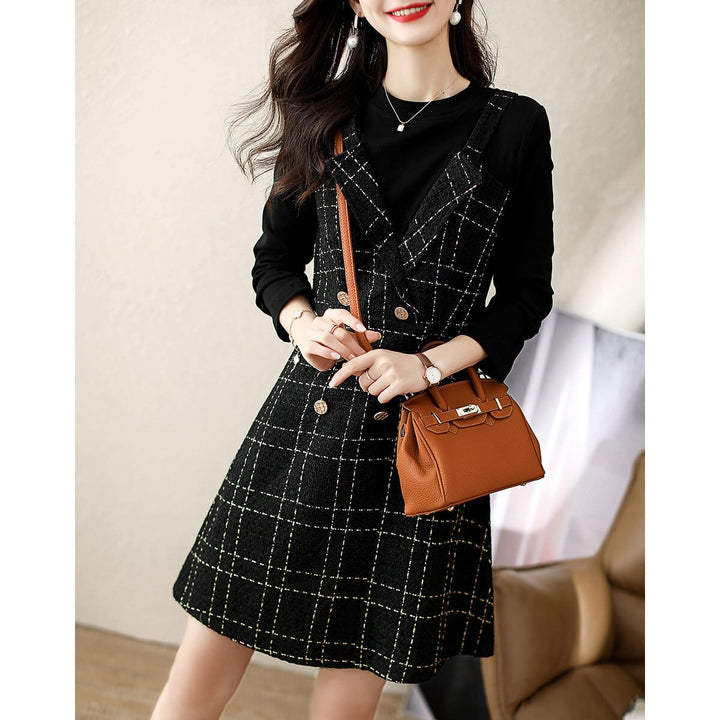 【dress】切り替えボタンデザインチェック柄ワンピース　M17688