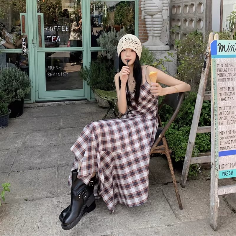 【dress】チェック柄イレヘムキャミワンピース Q8271