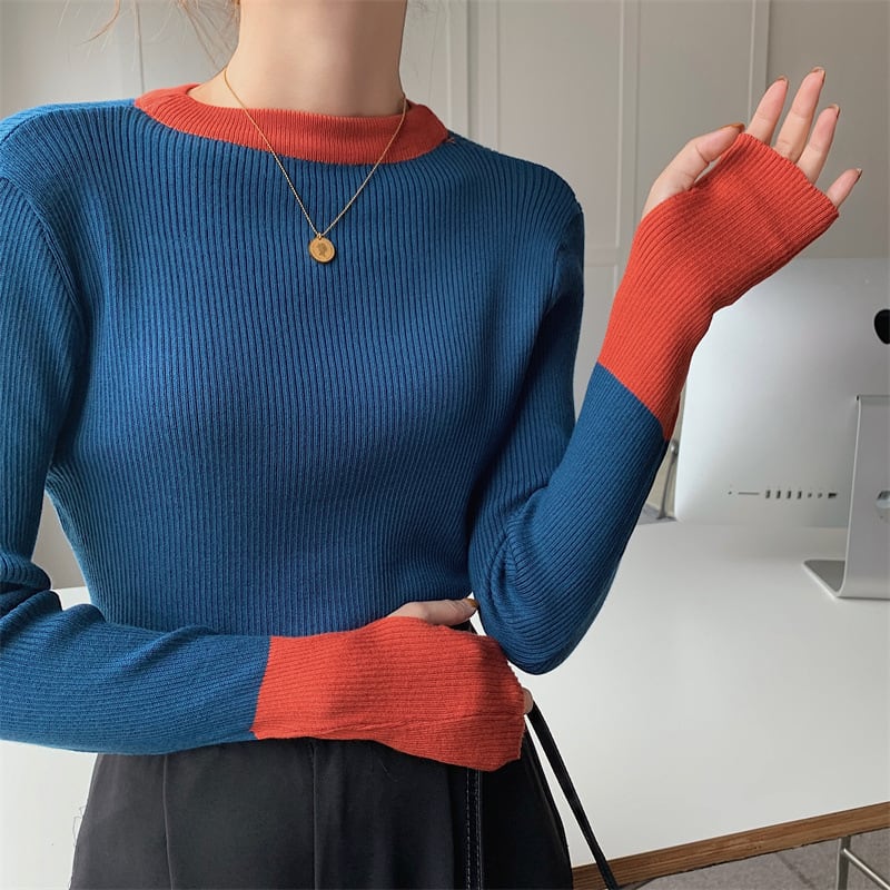 【tops】配色ニットトップス　M26540