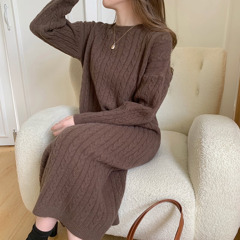 【dress】韓国系無地ニットワンピース着心地良い　M17658