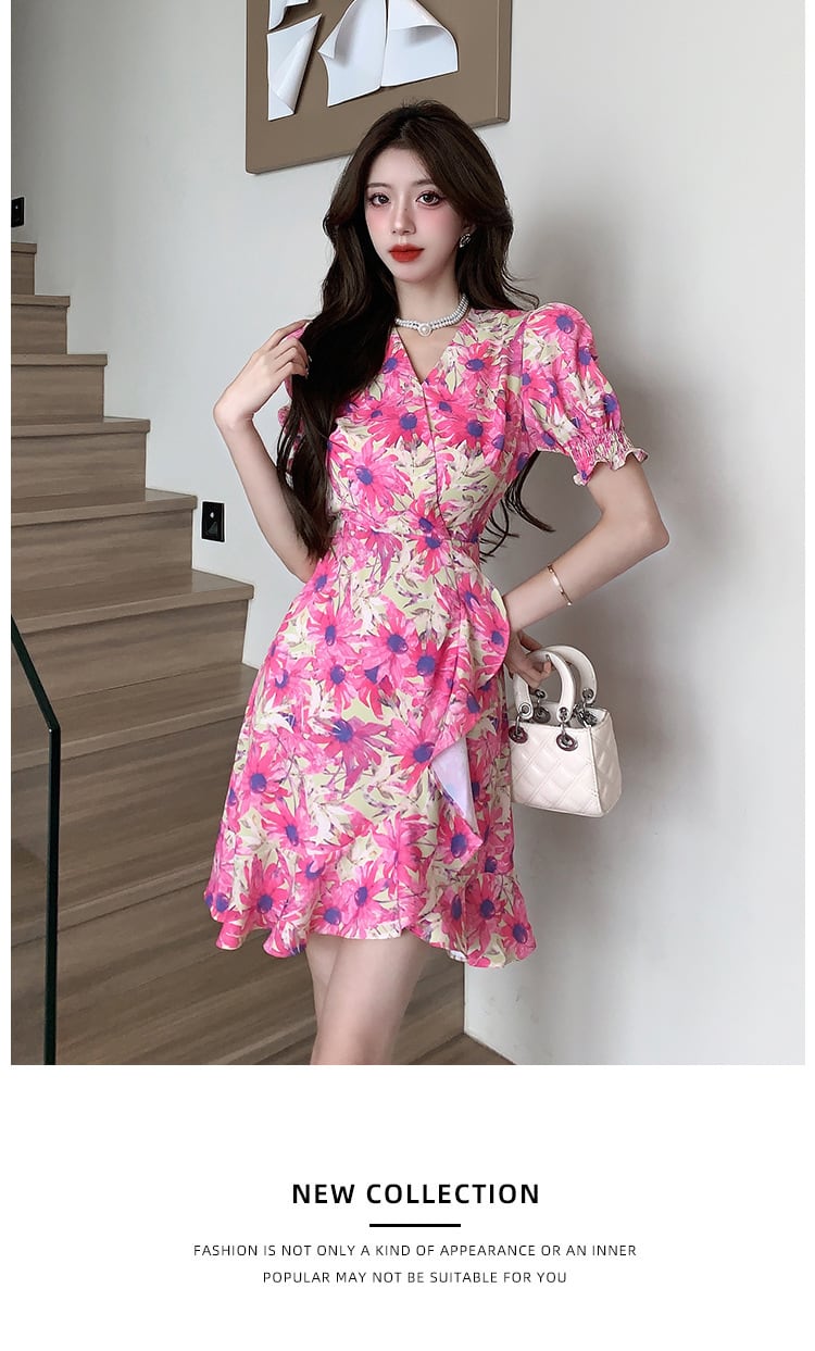 【dress】美人度アップ不規則 イレギュラー花柄ワンピース　M16782