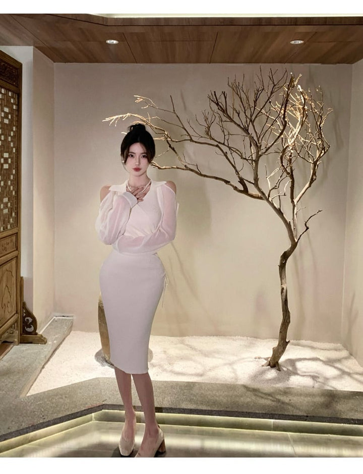 【dress】女性力を高める～オフショルダーニットワンピース　M17054