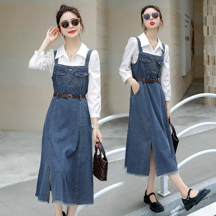 【set】シャツ×デニムサロペットワンピースベルト付きセット　M17837