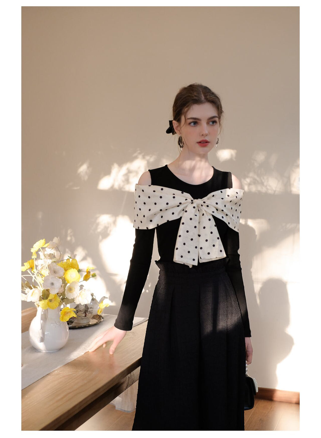 【tops】オフショルダーリボンニットトップス　N2796
