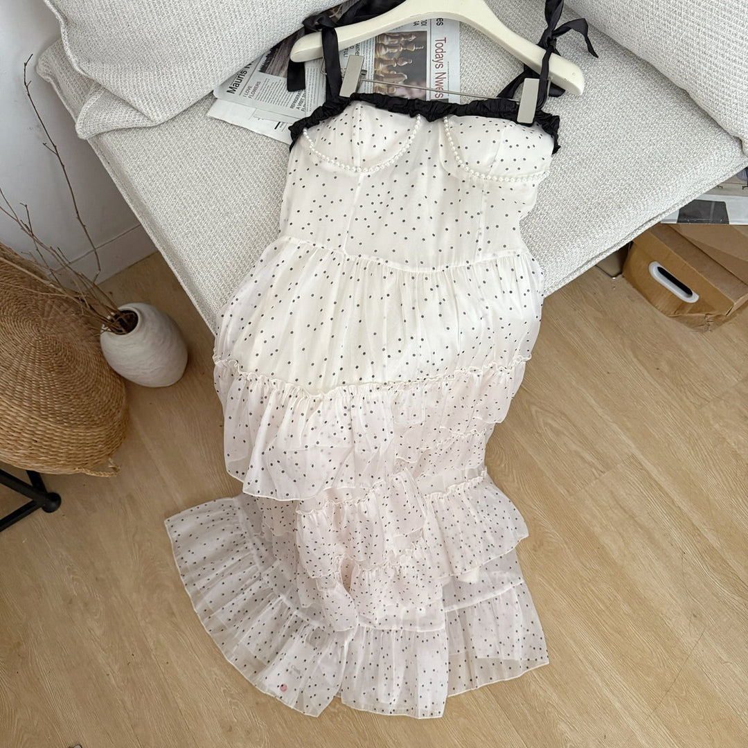 【dress】ショルダーリボンドット柄ワンピース　M32122